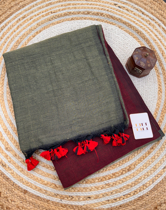 Light grey cotton handloom saree with maroon blouse