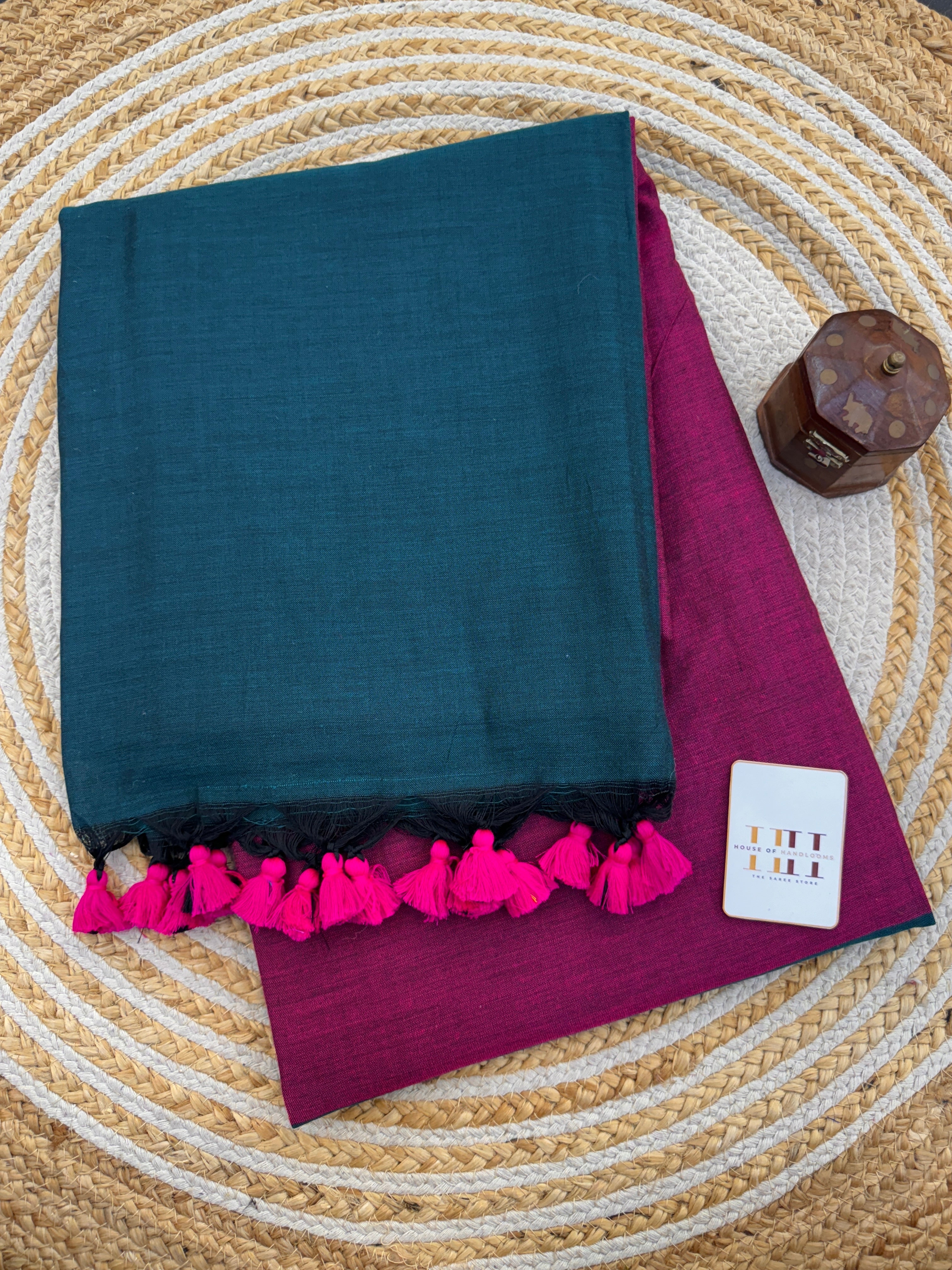 Rama green two tone cotton handloom saree with magenta pink blouse