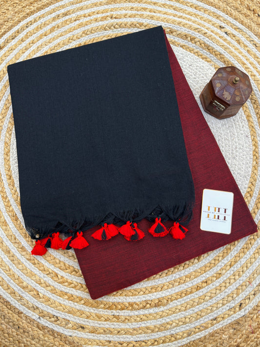 Royal black cotton saree with stunning maroon blouse