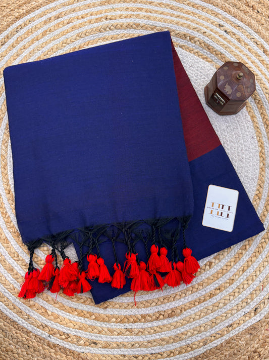 Pure cotton handloom two tone navy blue saree with maroon blouse