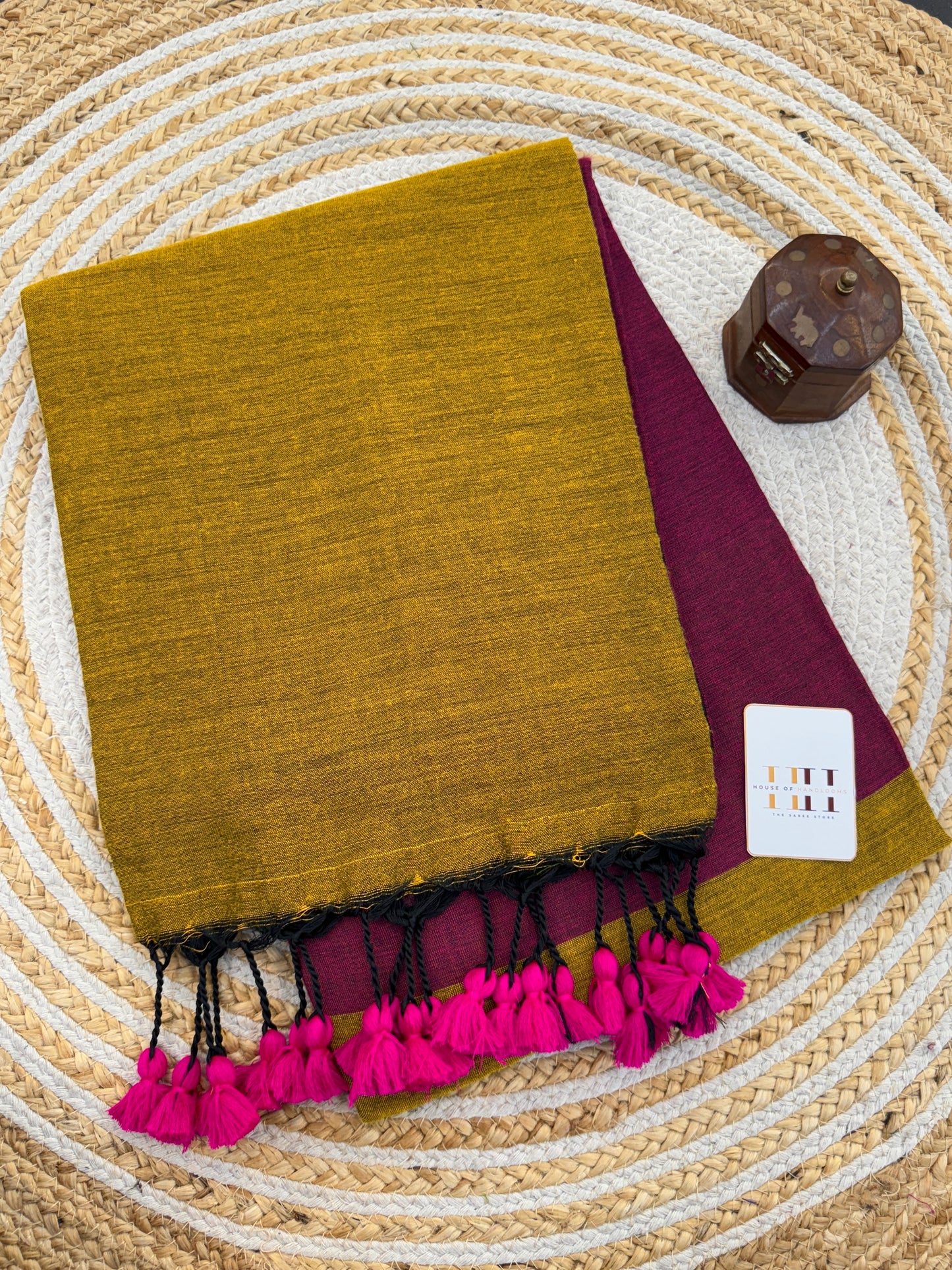 Traditional cotton handloom mustard saree with beautiful wine blouse