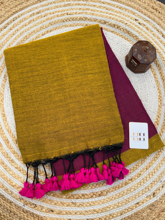 Traditional cotton handloom mustard saree with beautiful wine blouse