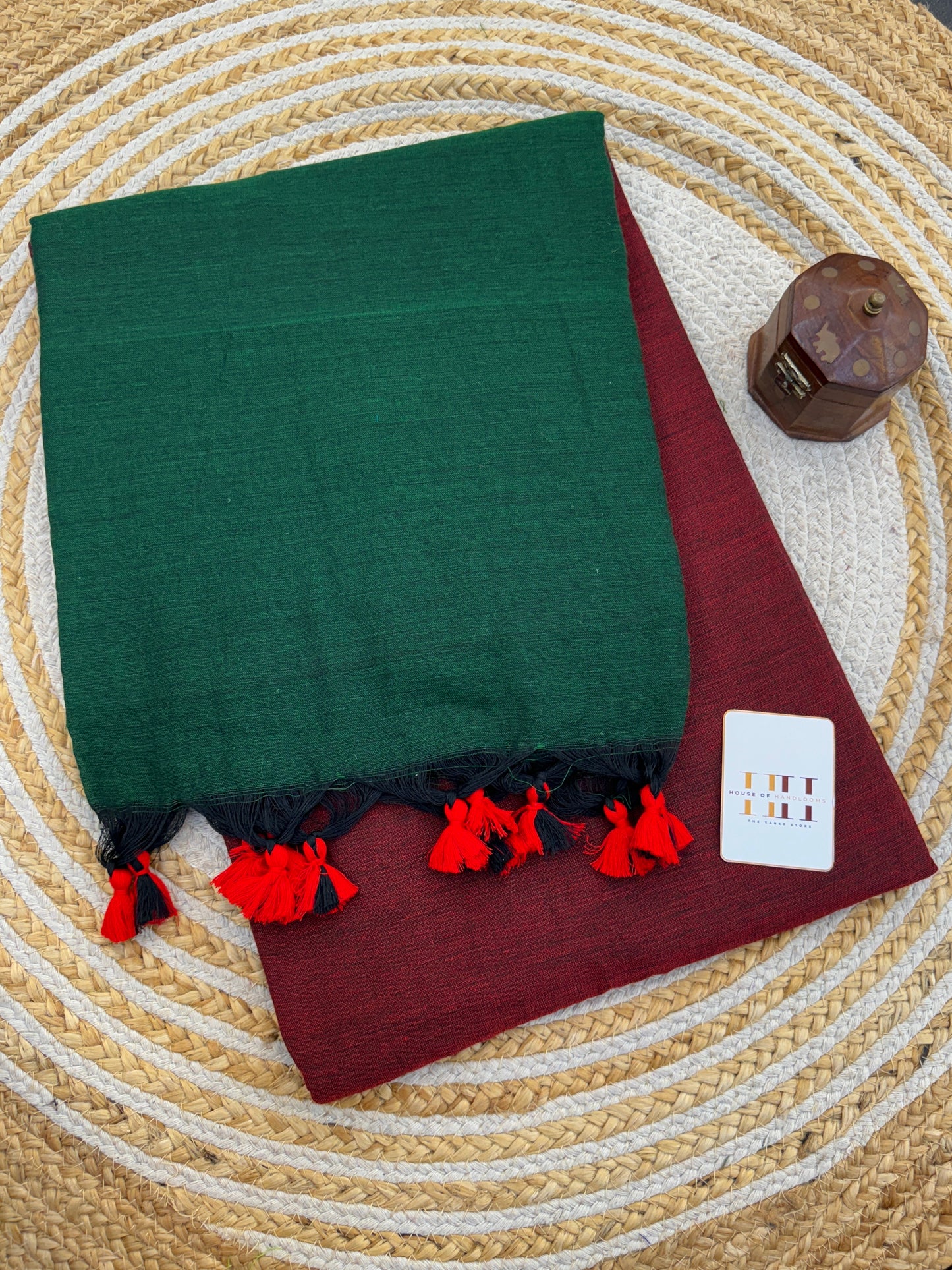 Pure khadi cotton dark green saree with maroon blouse