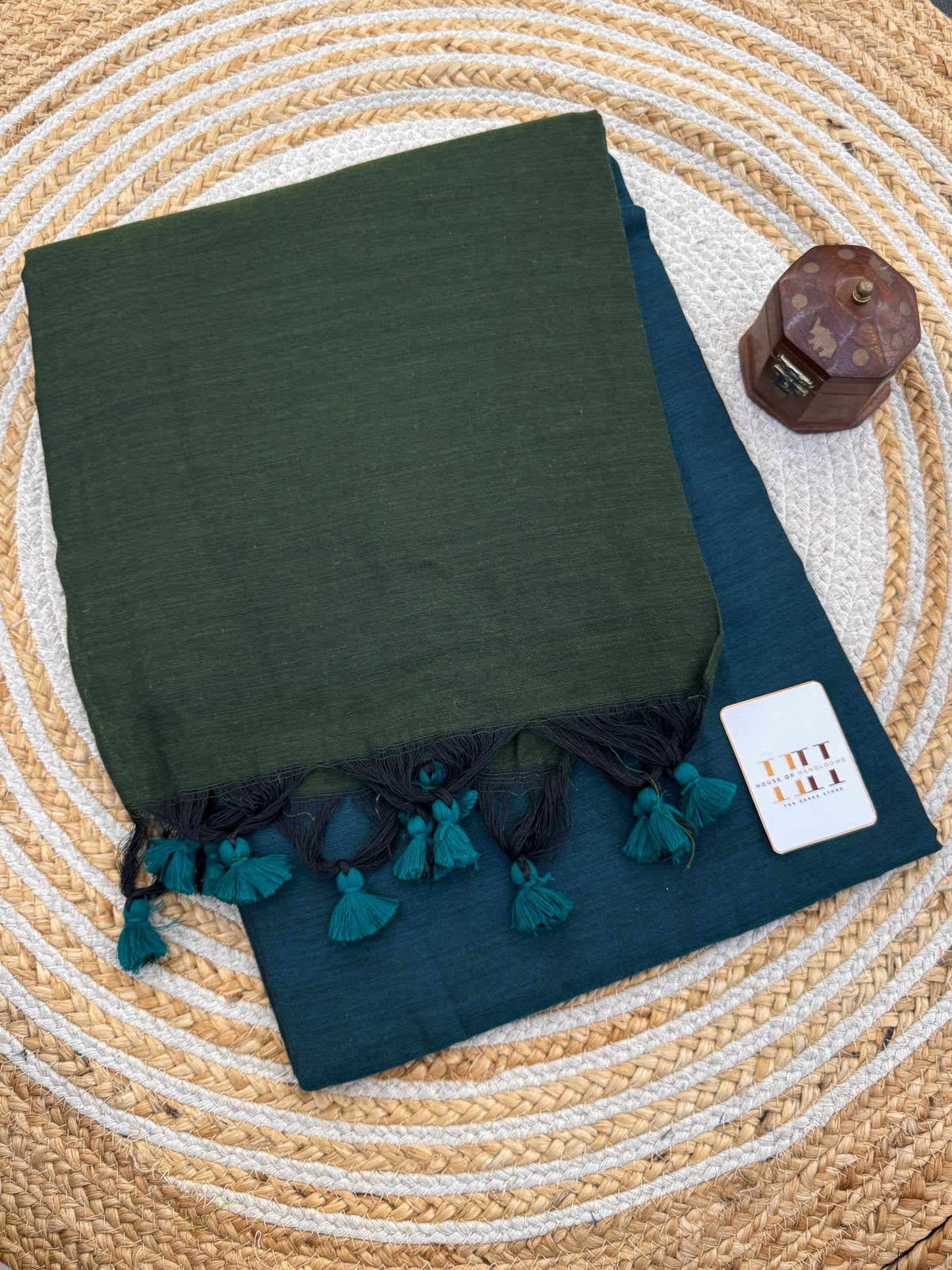 Deep Olive green cotton saree with rama green blouse
