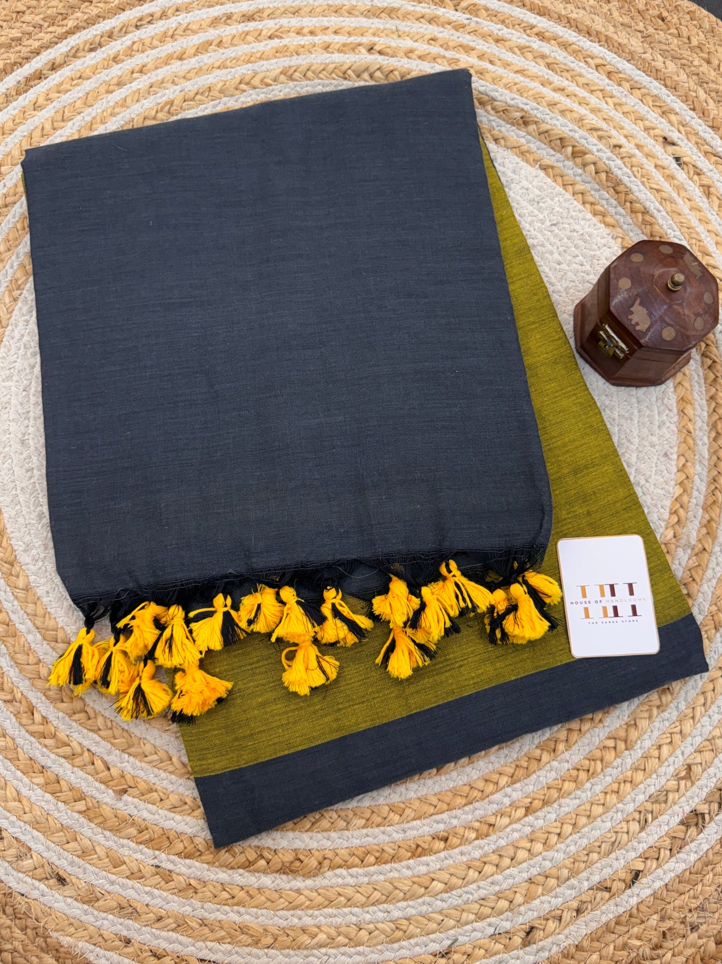 Charcoal grey two tone saree with mehendi green blouse