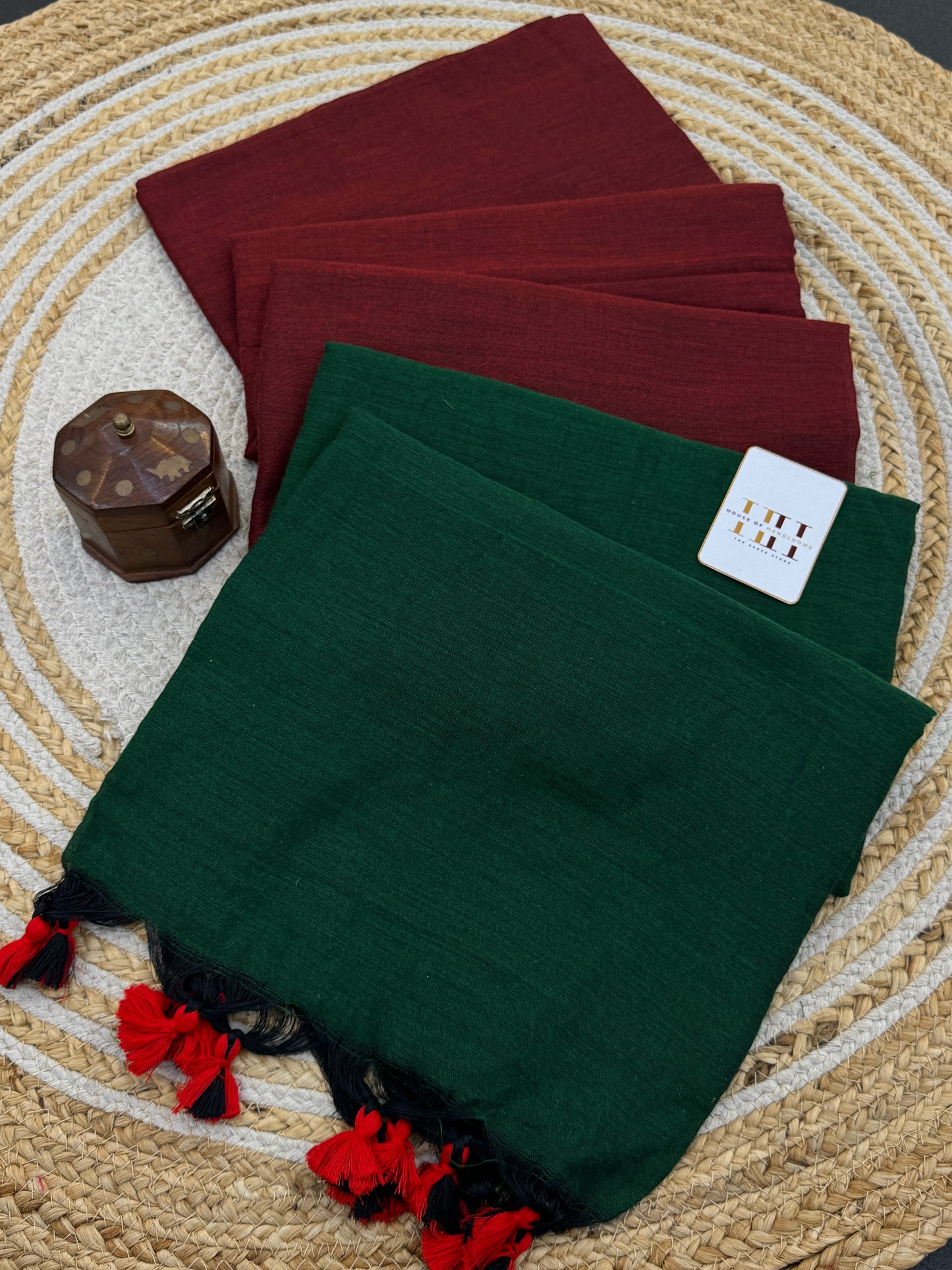Pure khadi cotton dark green saree with maroon blouse