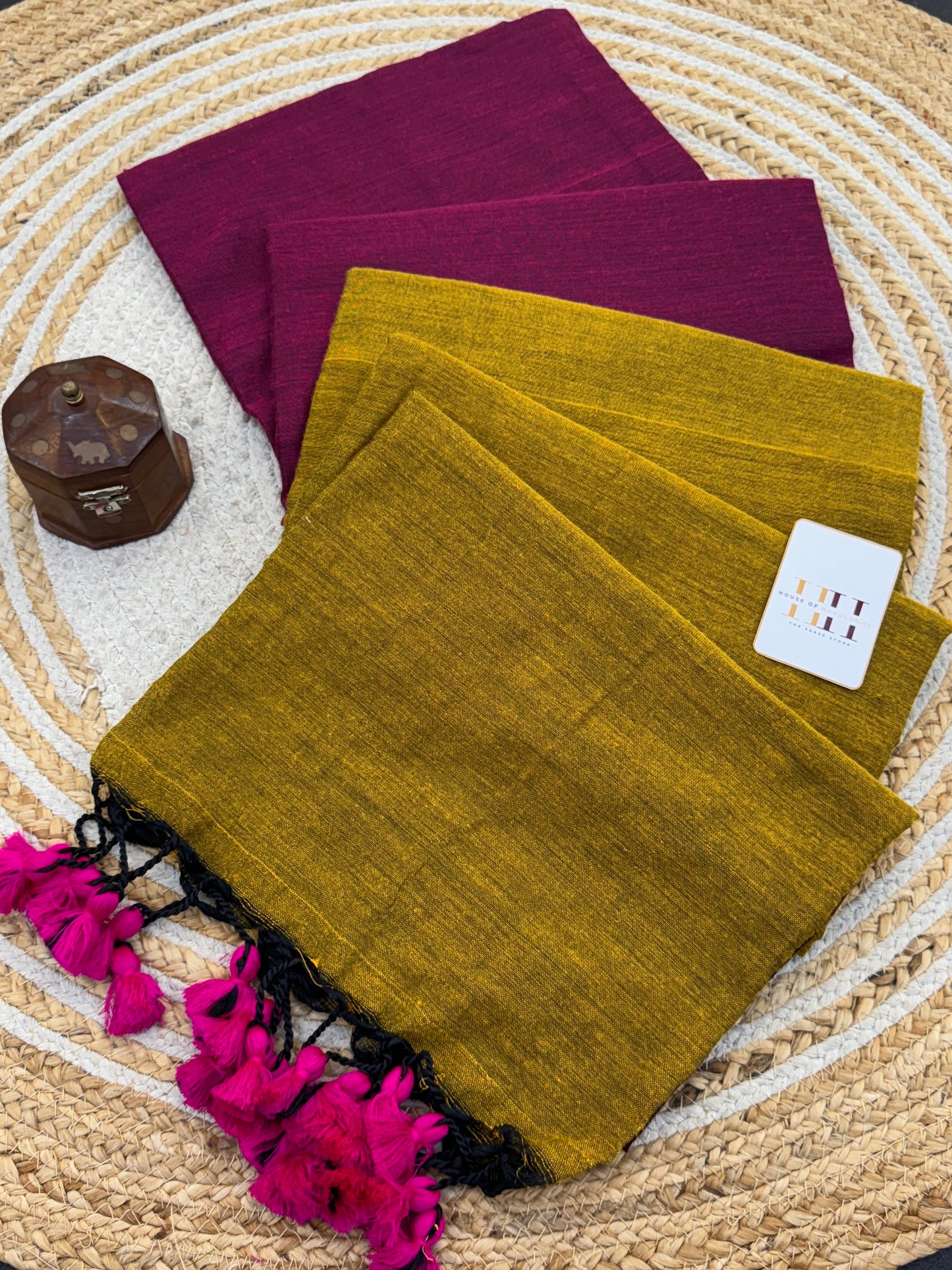 Traditional cotton handloom mustard saree with beautiful wine blouse