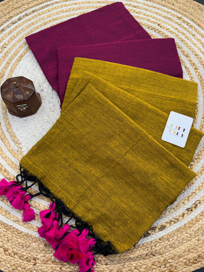 Traditional cotton handloom mustard saree with beautiful wine blouse