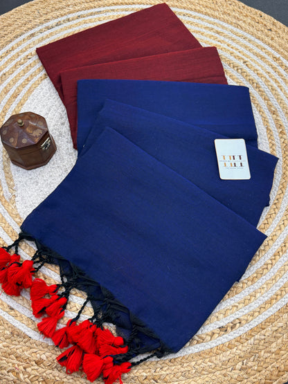 Pure cotton handloom two tone navy blue saree with maroon blouse