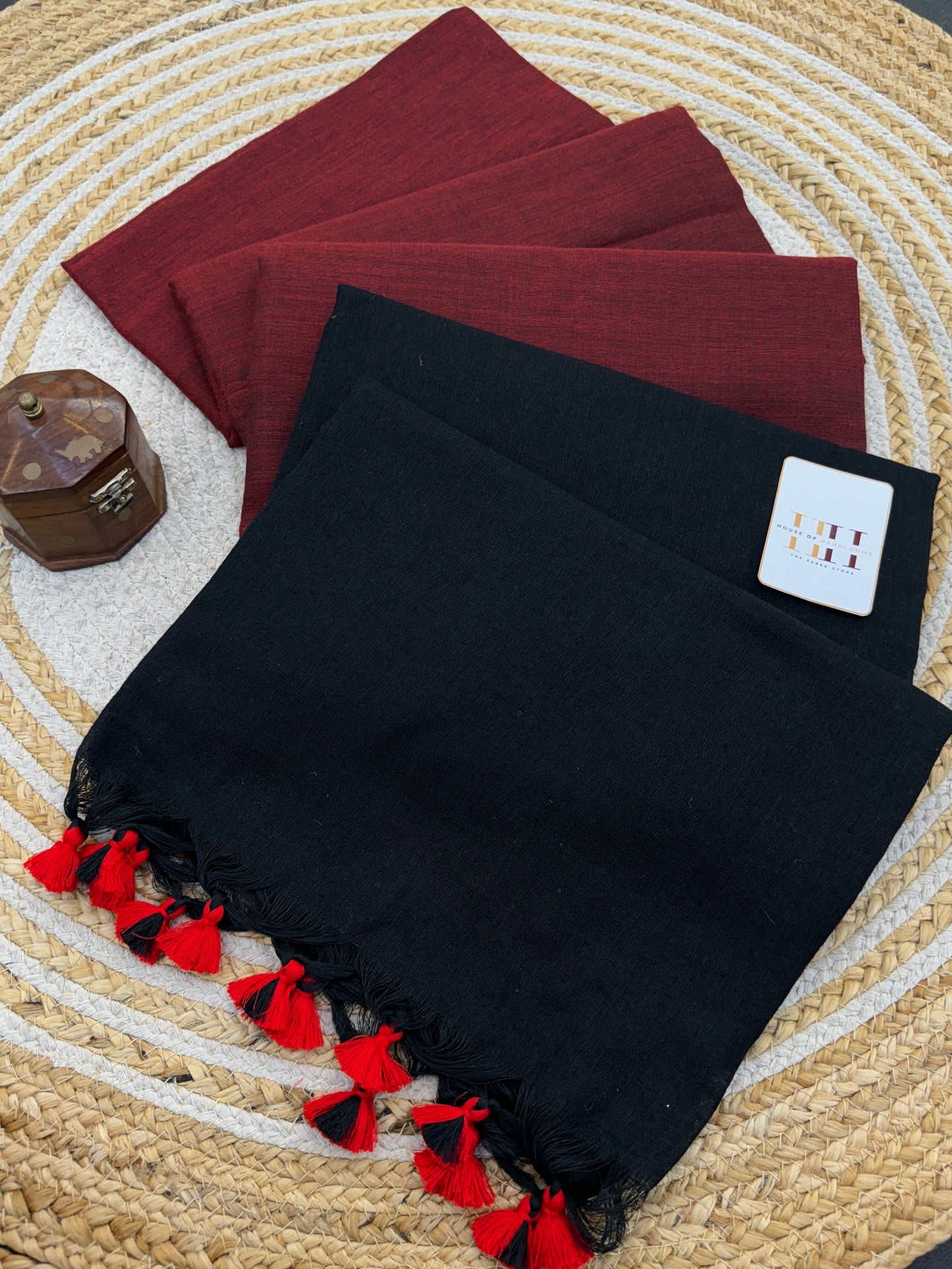 Royal black cotton saree with stunning maroon blouse