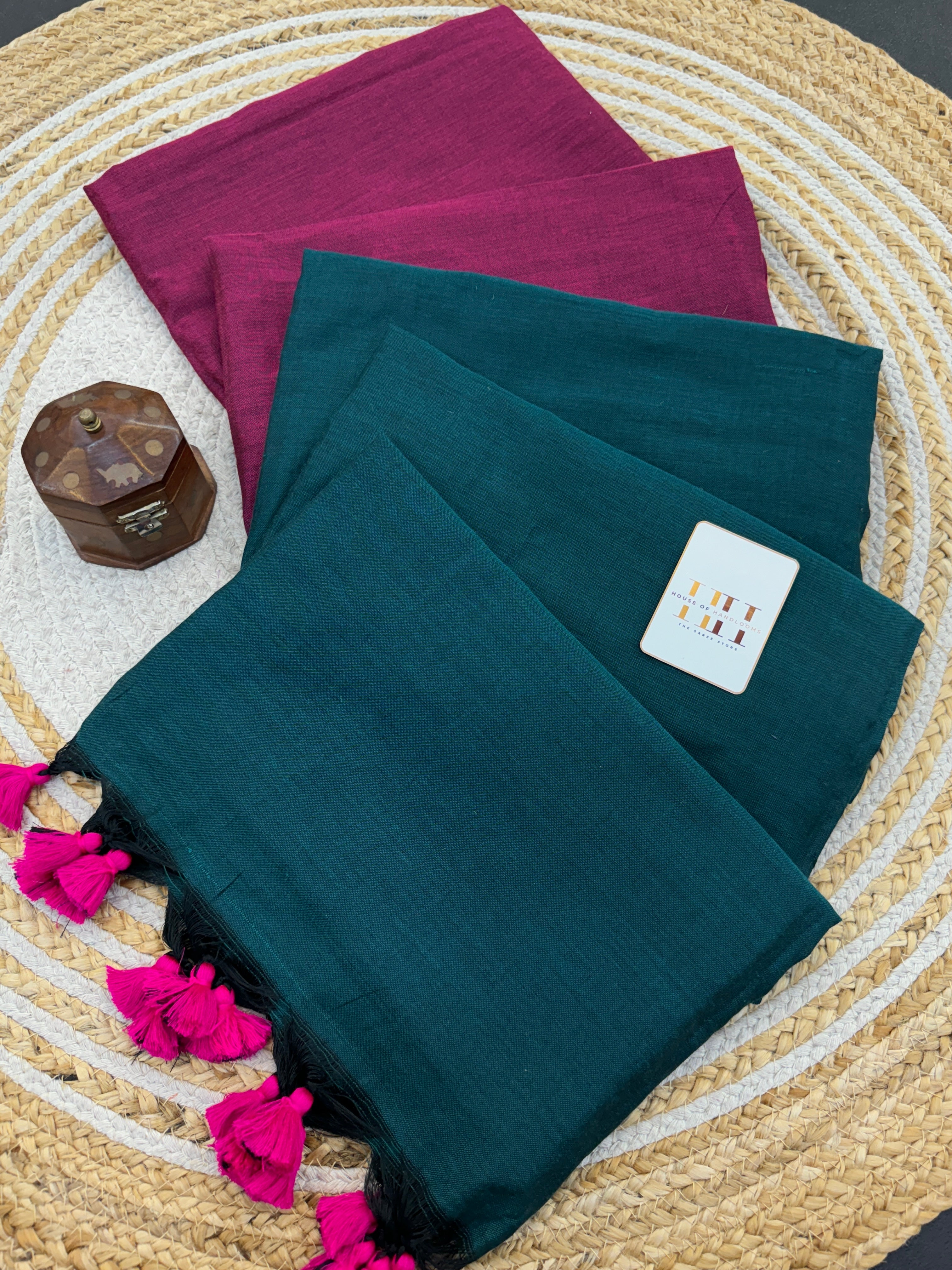 Rama green two tone cotton handloom saree with magenta pink blouse