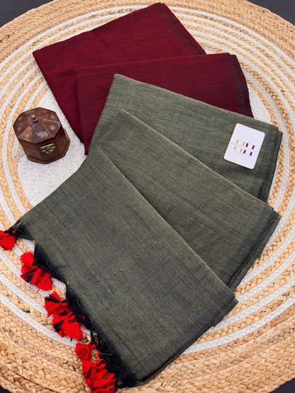 Light grey cotton handloom saree with maroon blouse