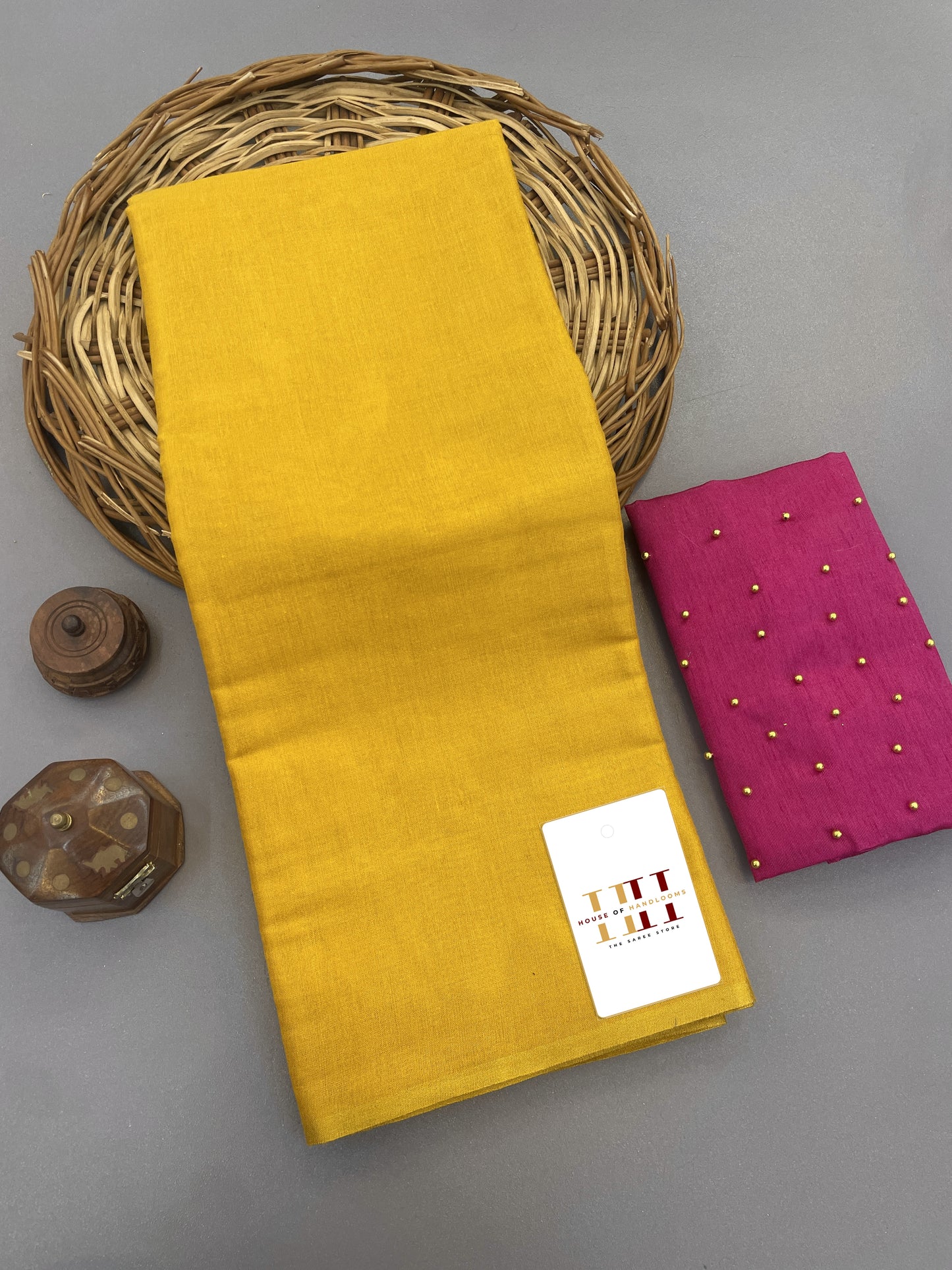 Lemon yellow tissue cotton saree with beautiful pearl work blouse