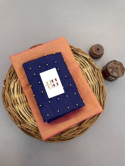 Bright Orange cotton saree with elegant Royal blue blouse