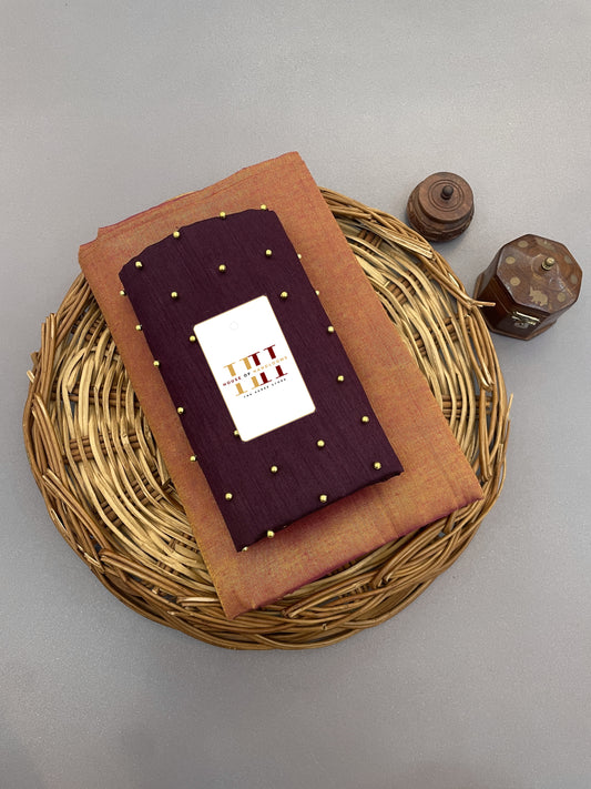 Towny brown cotton silk saree with wine blouse
