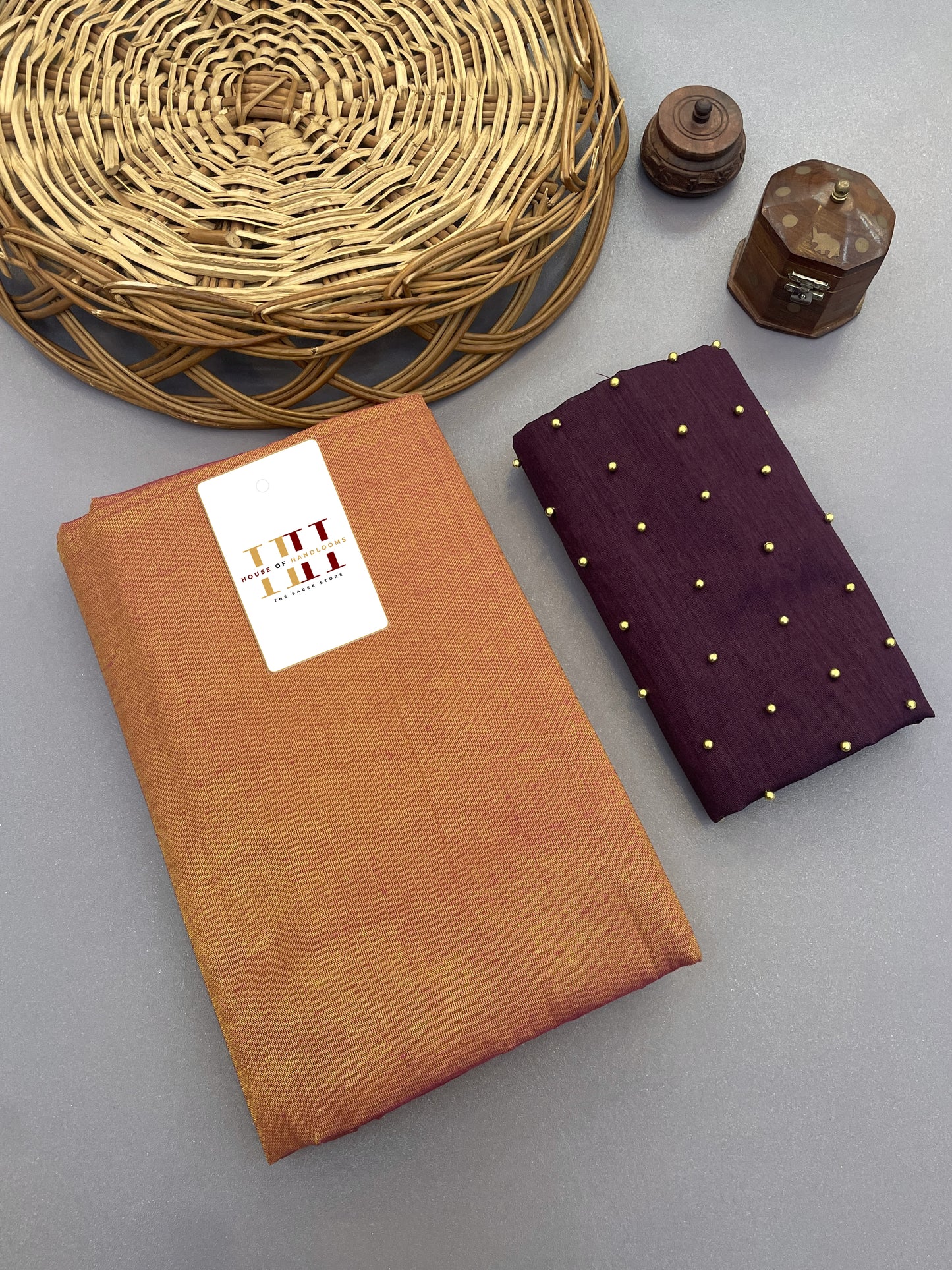 Towny brown cotton silk saree with wine blouse