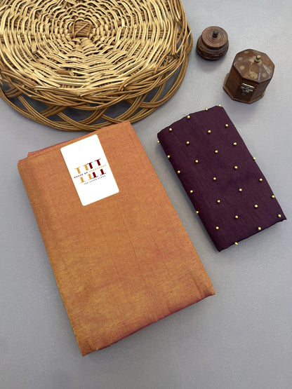 Towny brown cotton silk saree with wine blouse