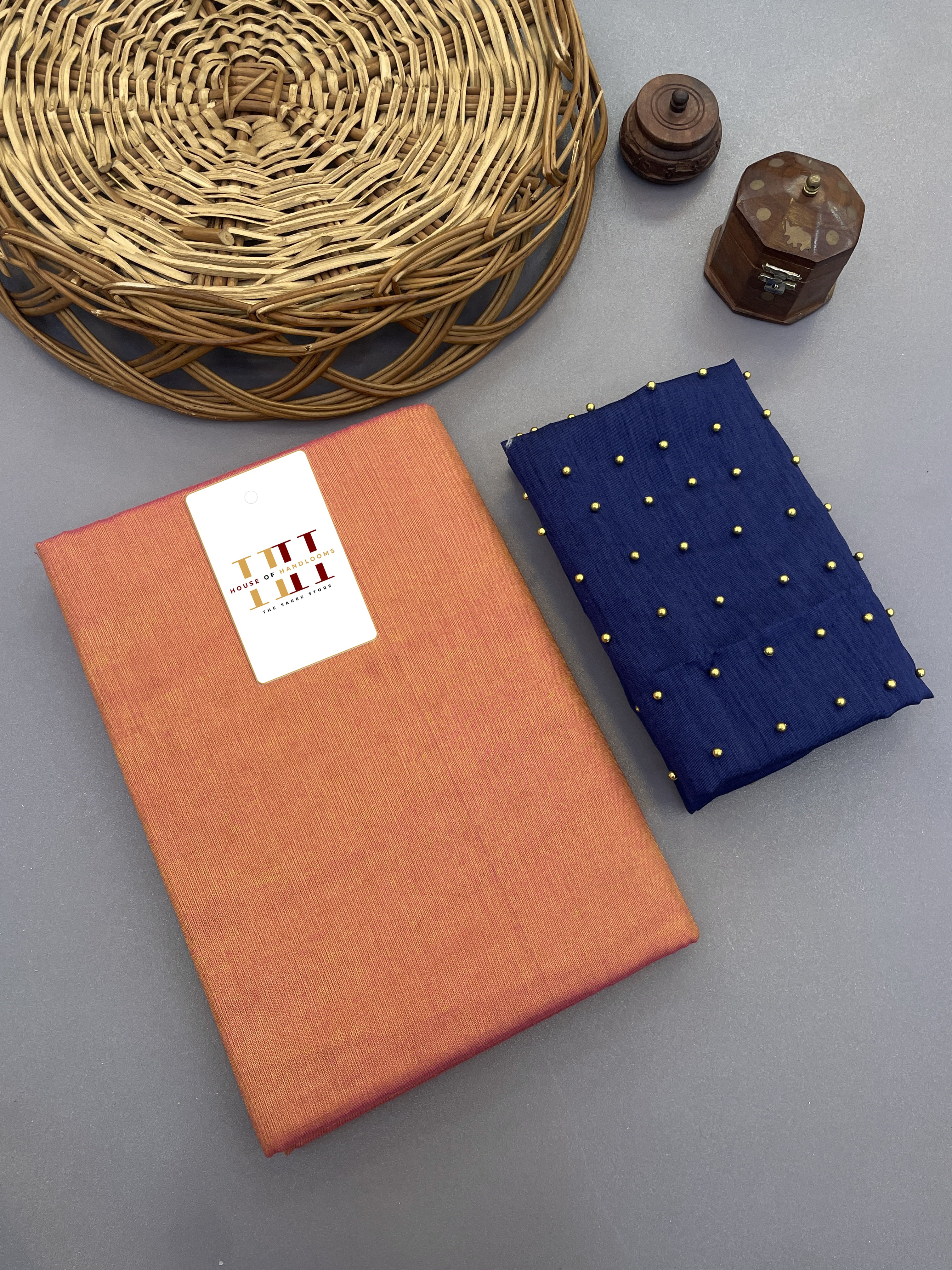 Bright Orange cotton saree with elegant Royal blue blouse