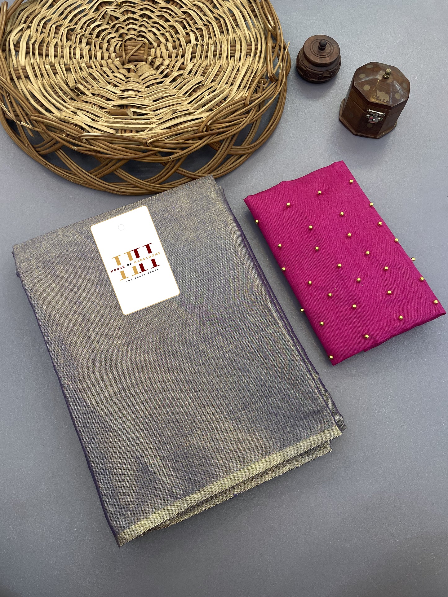 Gorgeous cotton tissue saree with pink Pearl blouse