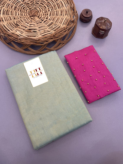 Moss green Tissue cotton saree with pearl work pink blouse