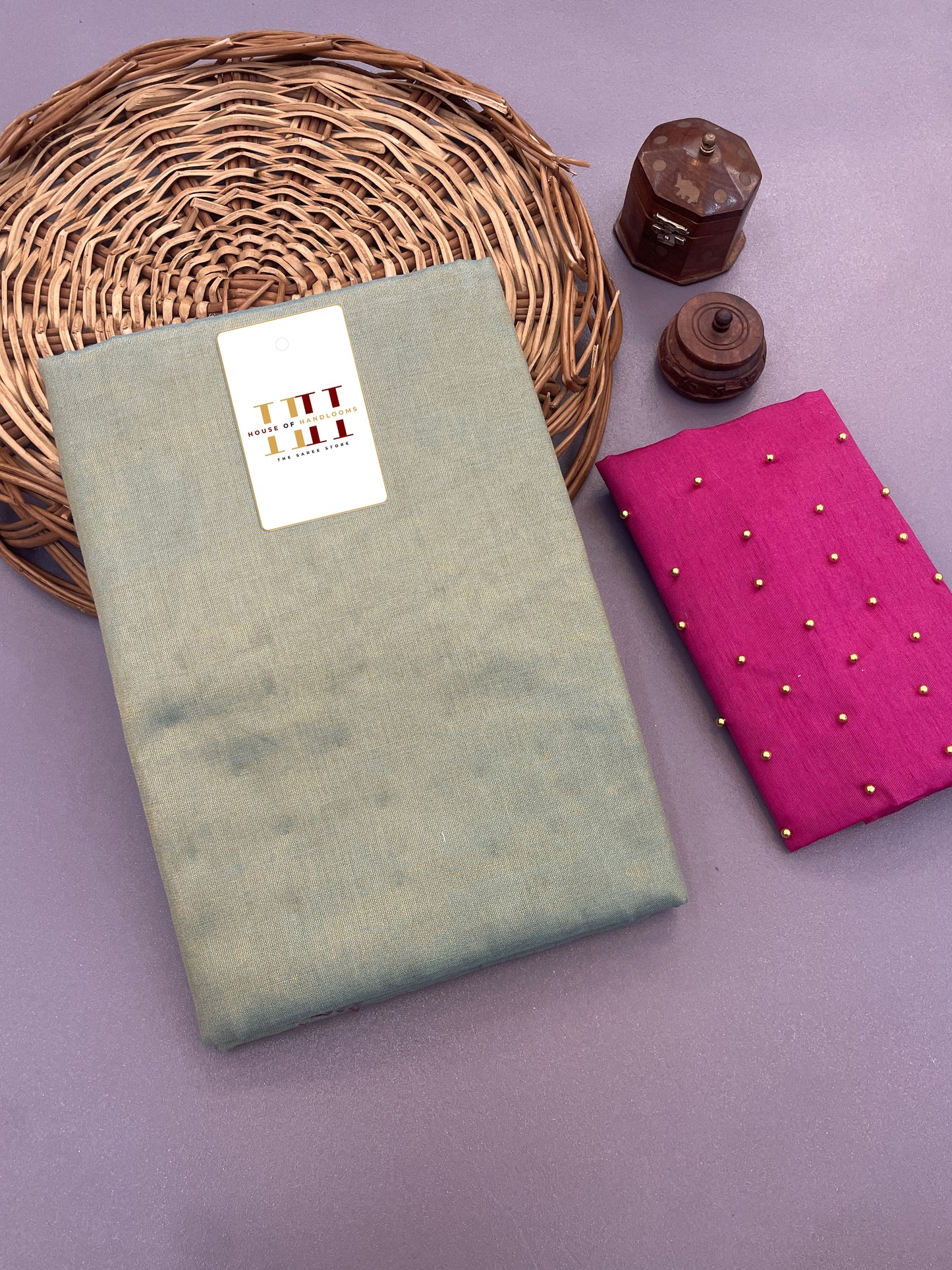 Moss green Tissue cotton saree with pearl work pink blouse
