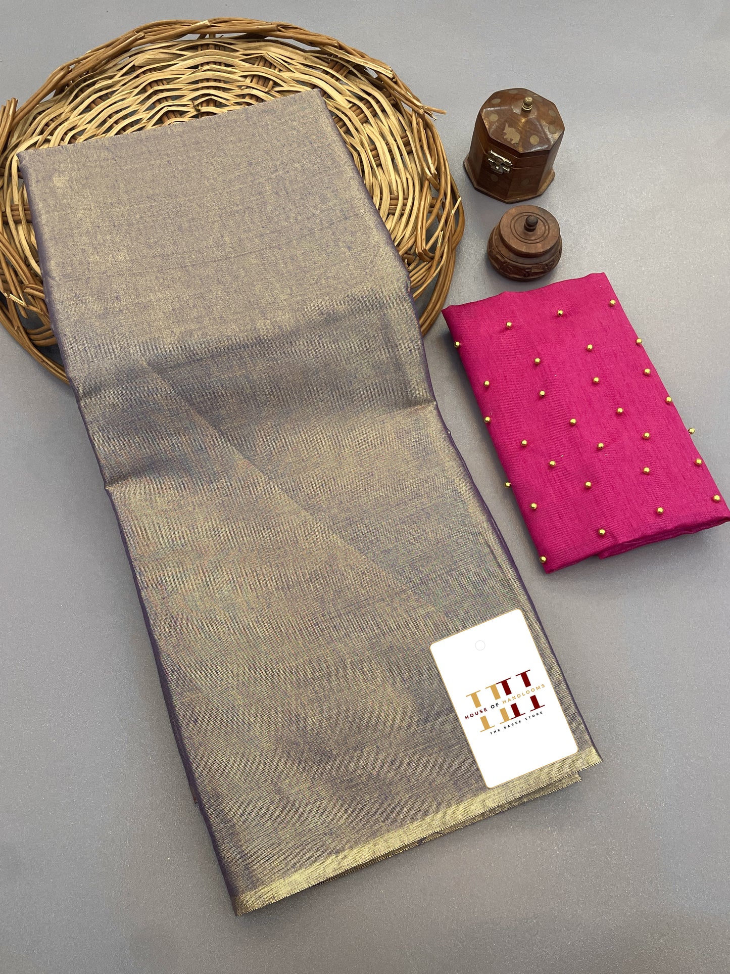 Gorgeous cotton tissue saree with pink Pearl blouse