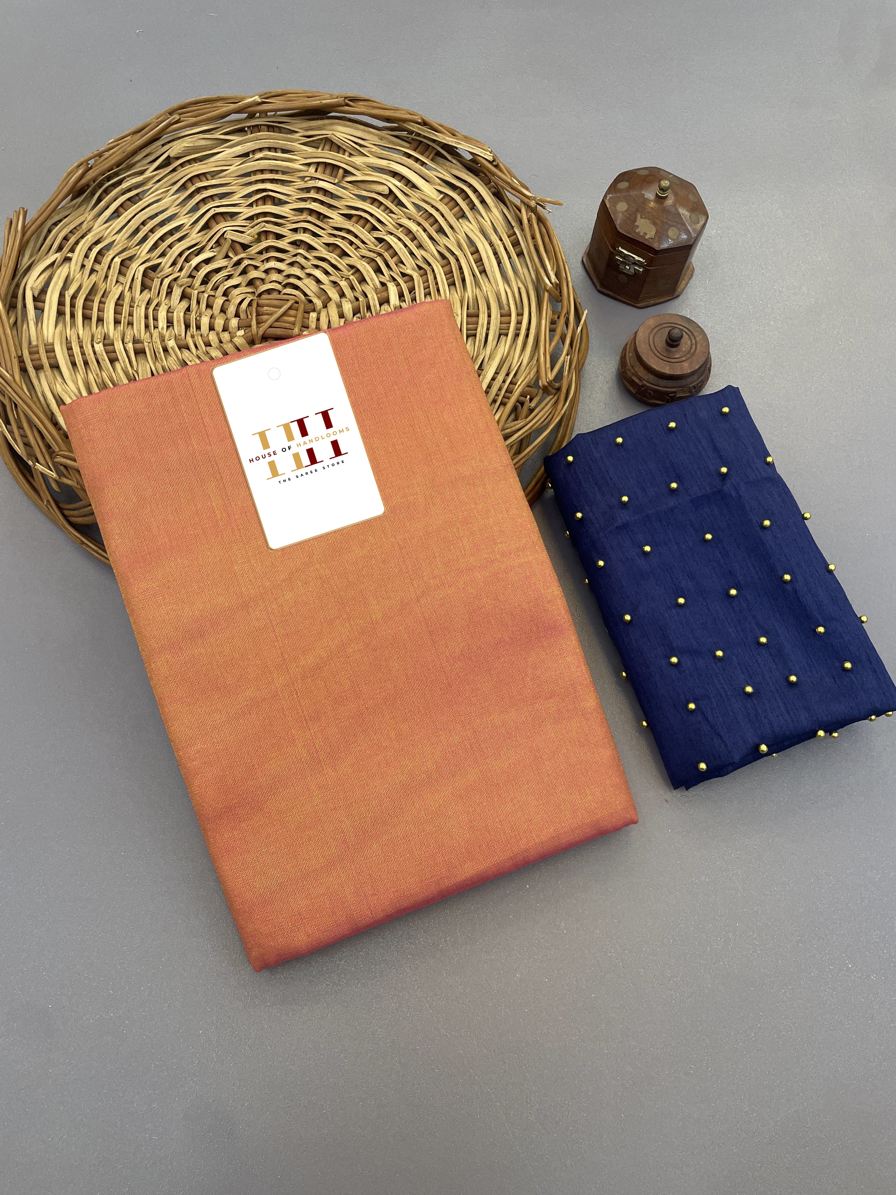 Bright Orange cotton saree with elegant Royal blue blouse