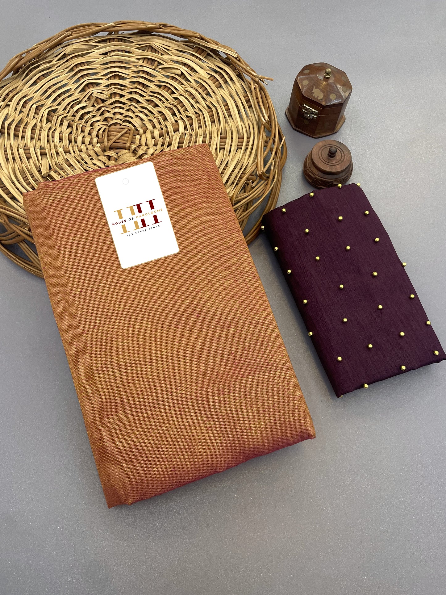 Towny brown cotton silk saree with wine blouse