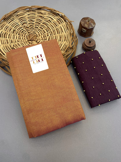 Towny brown cotton silk saree with wine blouse