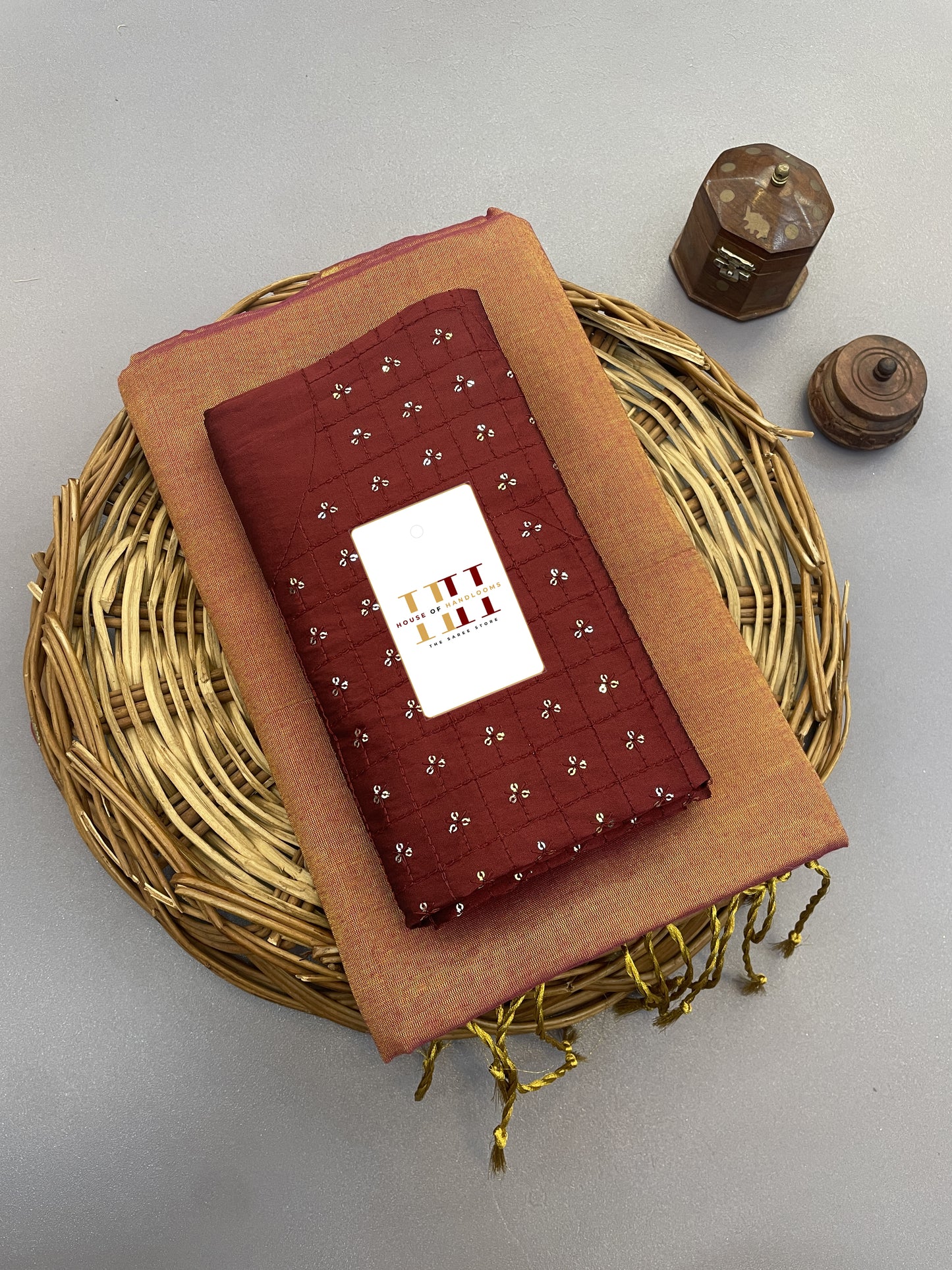 Light brown cotton tissue silk saree with seqence work blouse