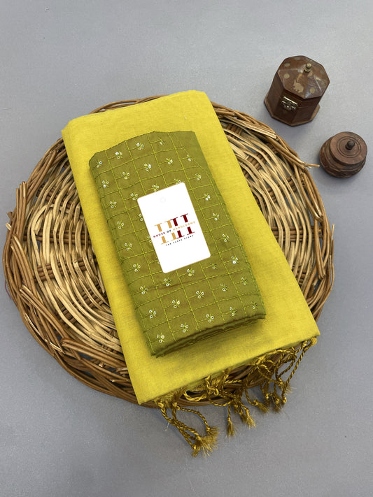 Lime green cotton tissue silk saree with stunning blouse