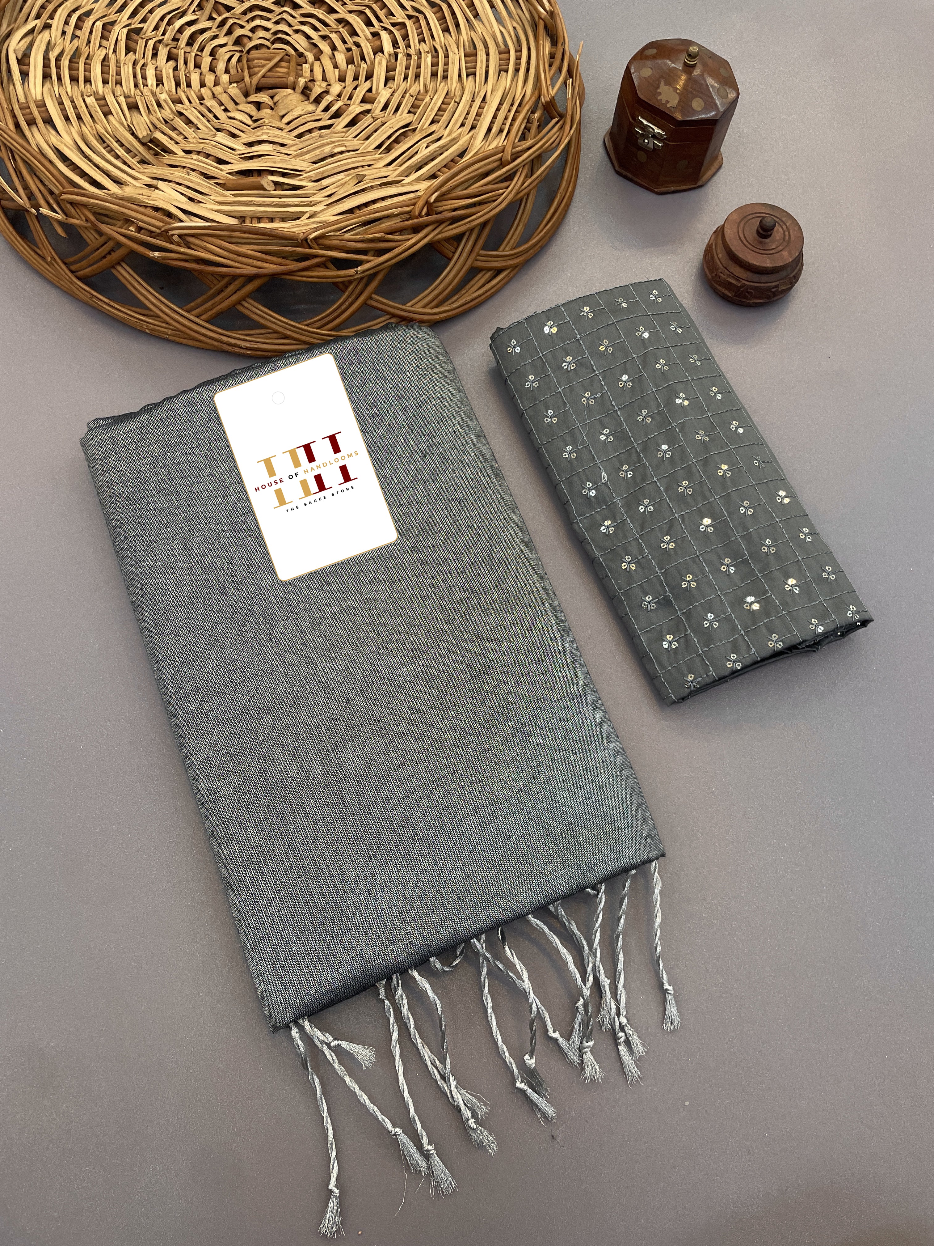 Light grey cotton tissue silk saree with beautiful thread and sequence work blouse