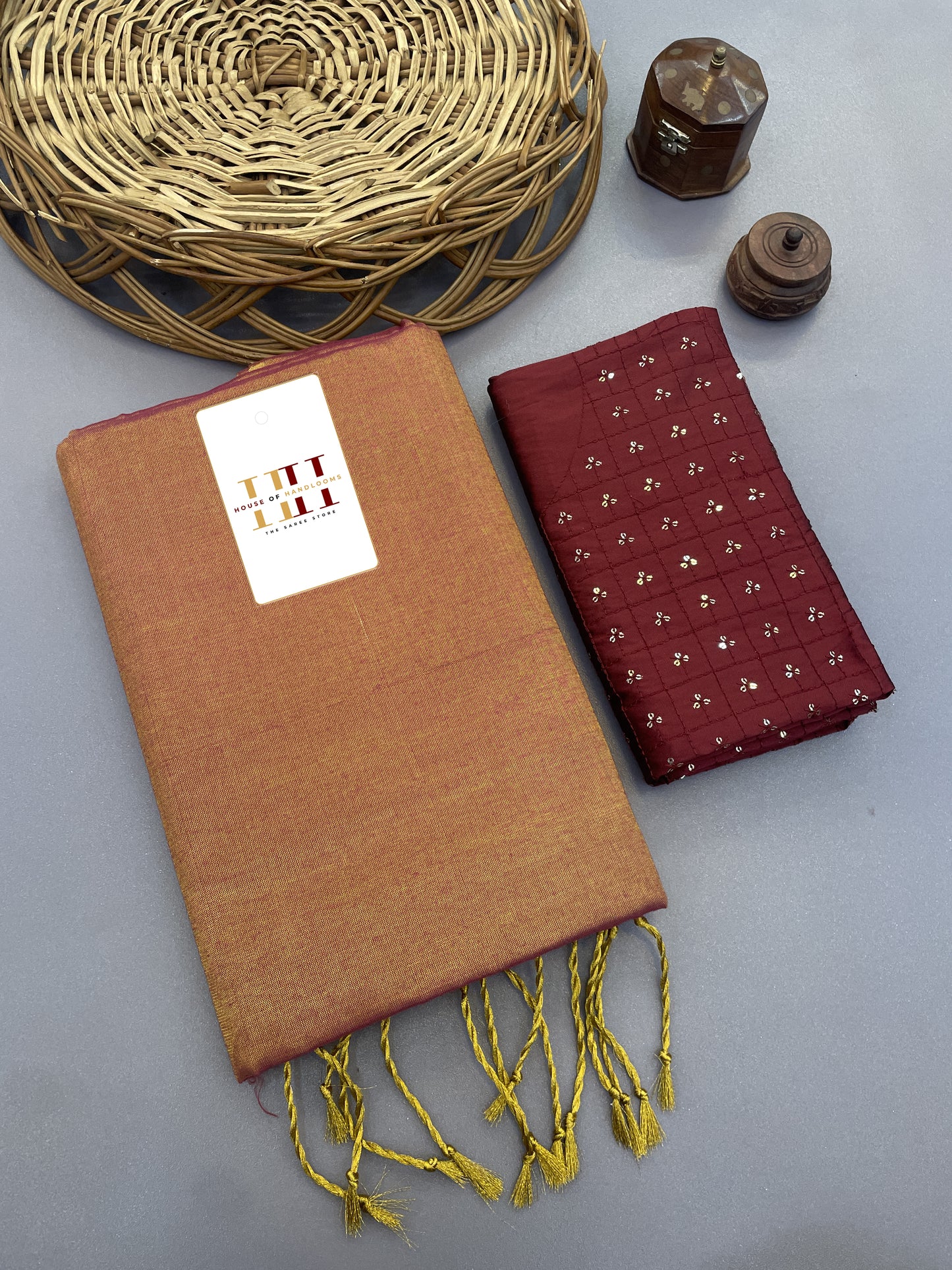 Light brown cotton tissue silk saree with seqence work blouse