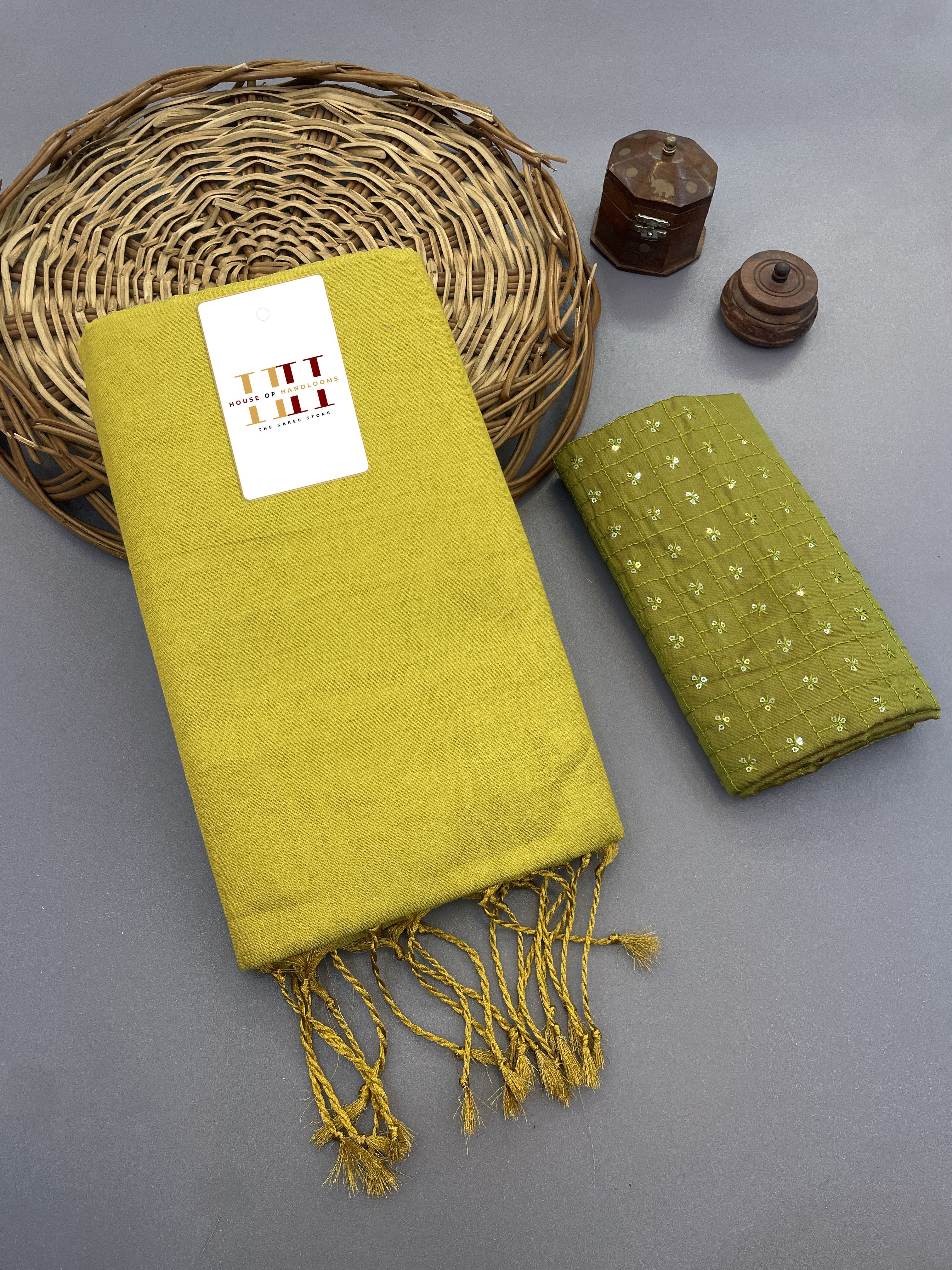 Lime green cotton tissue silk saree with stunning blouse
