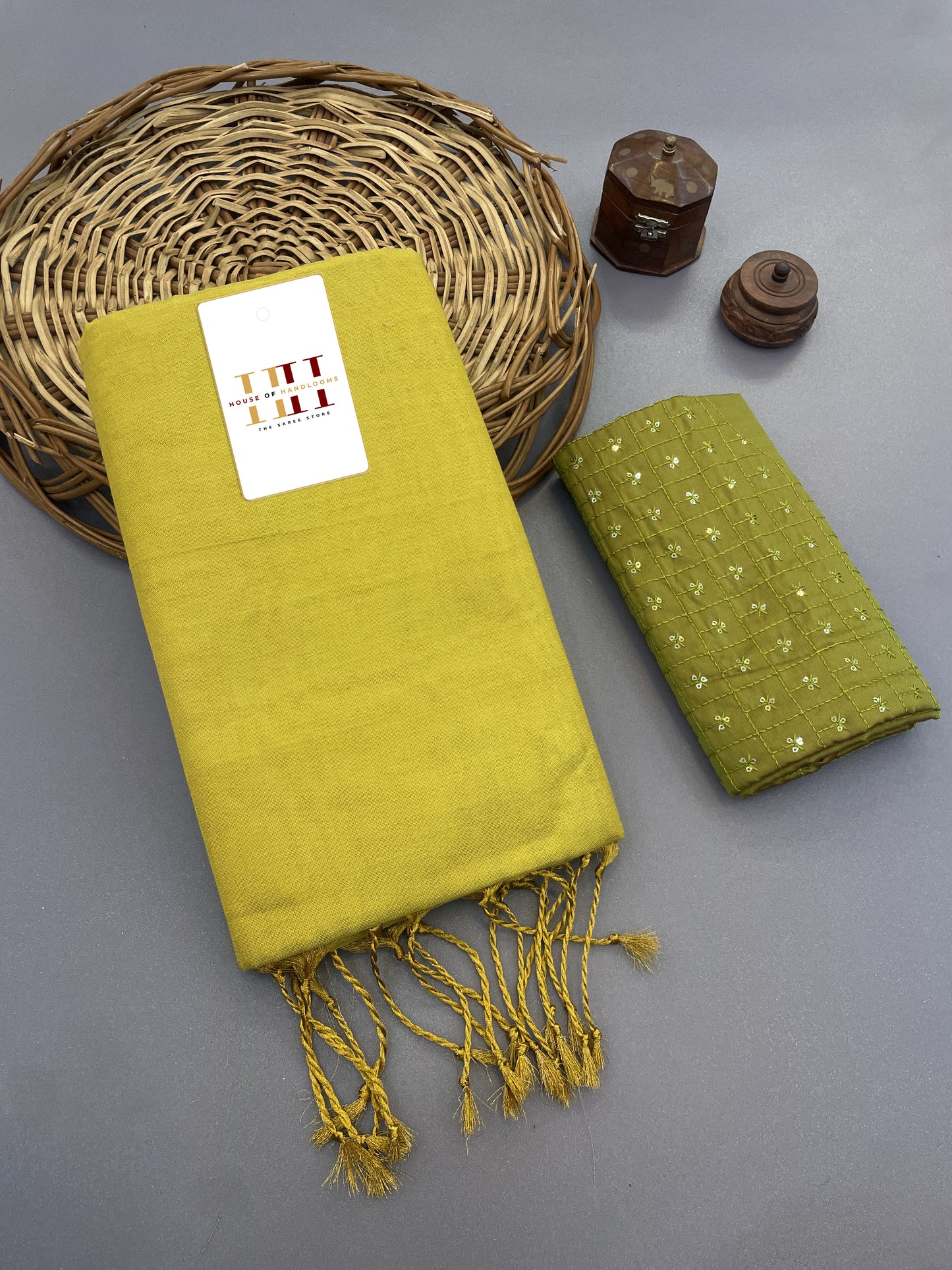 Lime green cotton tissue silk saree with stunning blouse