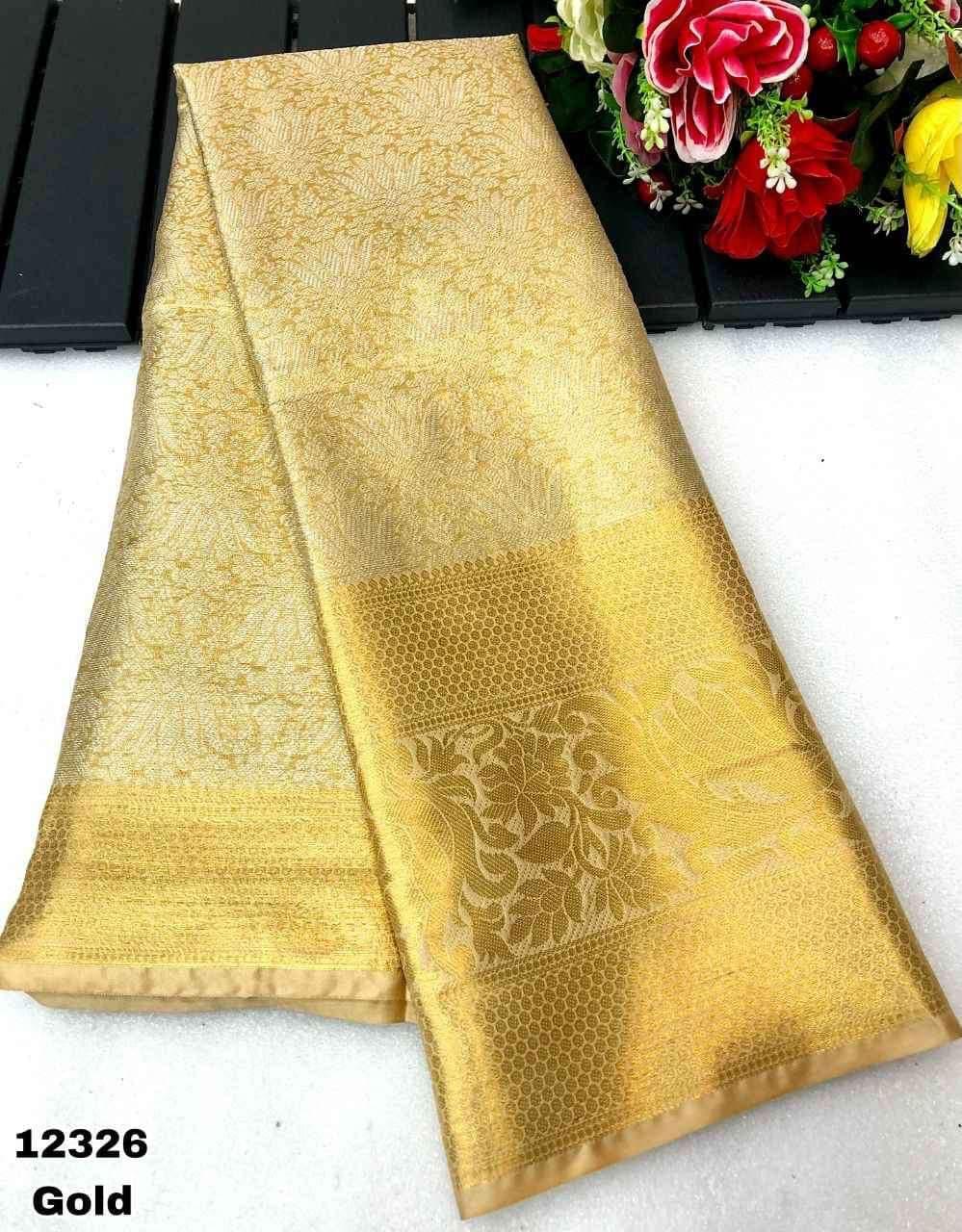 Luxurious Kanjeevaram Silk Gold Color Saree With butti weaving blouse