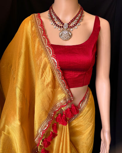 Mustard Yellow Cotton Tissue Silk With Benglory Silk Blouse