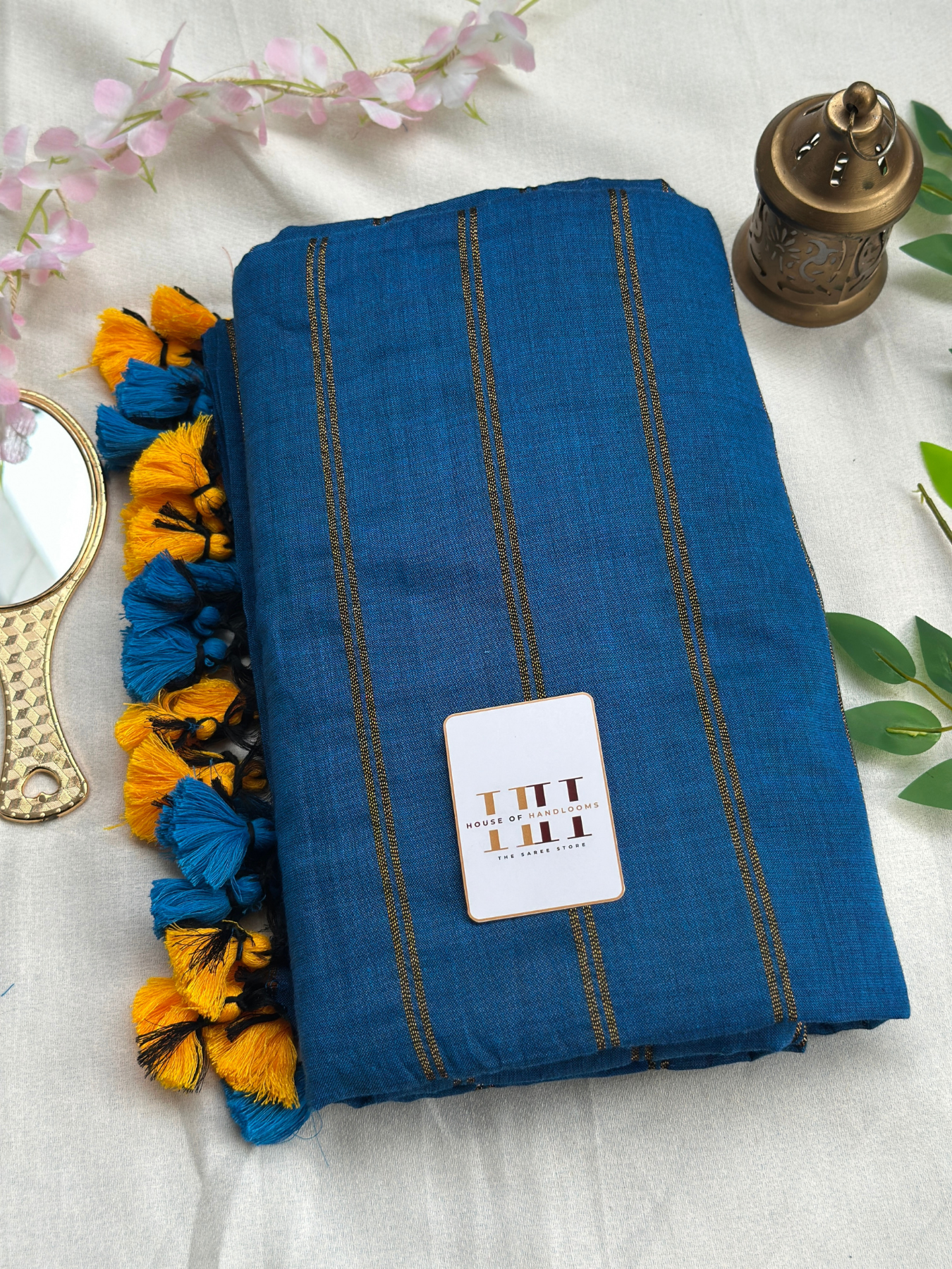 Rama blue dual stripe saree with matching blouse