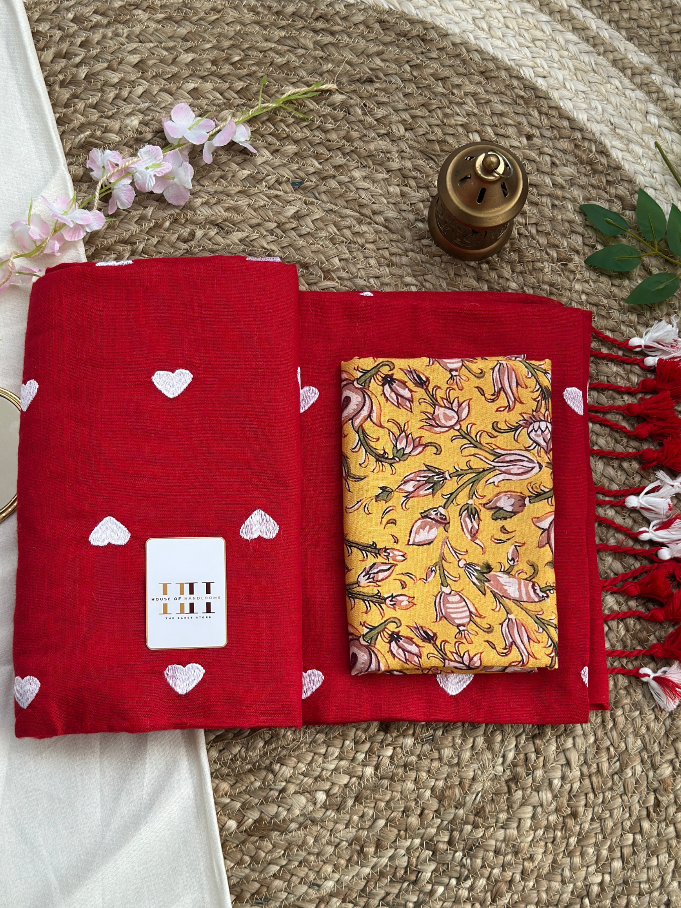 Ruby red saree with yellow floral printed blouse