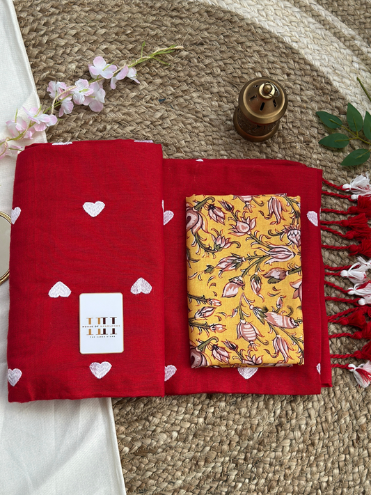 Ruby red saree with yellow floral printed blouse