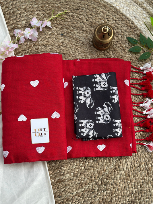 Beautiful red cotton handloom saree with black printed blouse