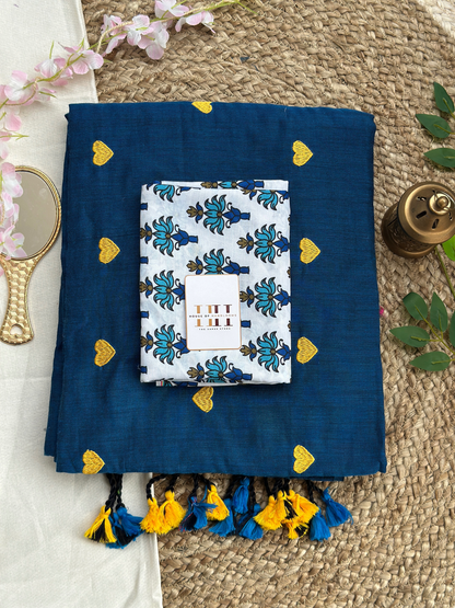 Rama blue cotton saree with white flower printed blouse