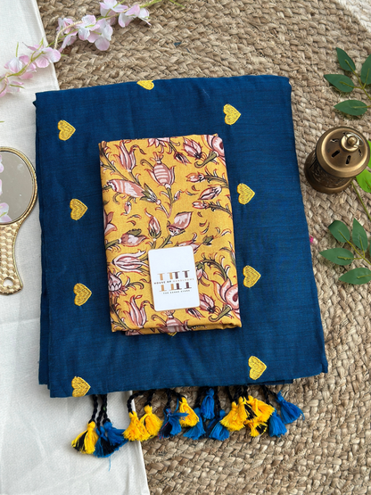Navy blue saree with yellow flower printed blouse