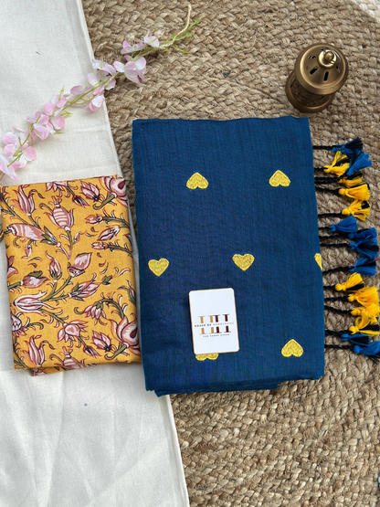 Navy blue saree with yellow flower printed blouse