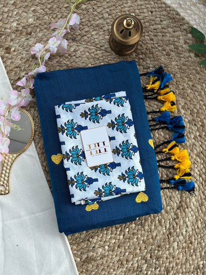Rama blue cotton saree with white flower printed blouse