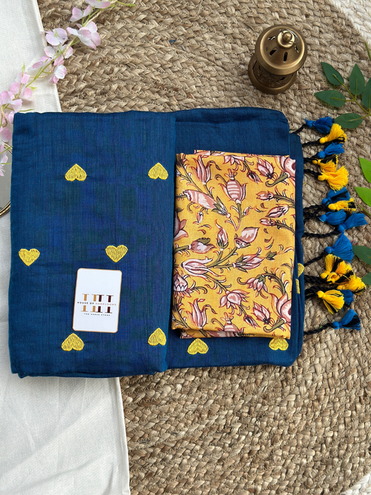Navy blue saree with yellow flower printed blouse