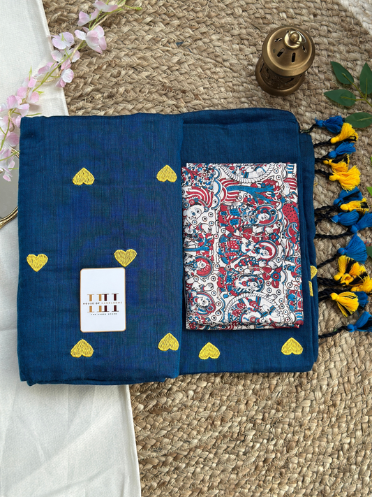 Beautiful navy blue cotton handloom saree with kalamkari printed blouse