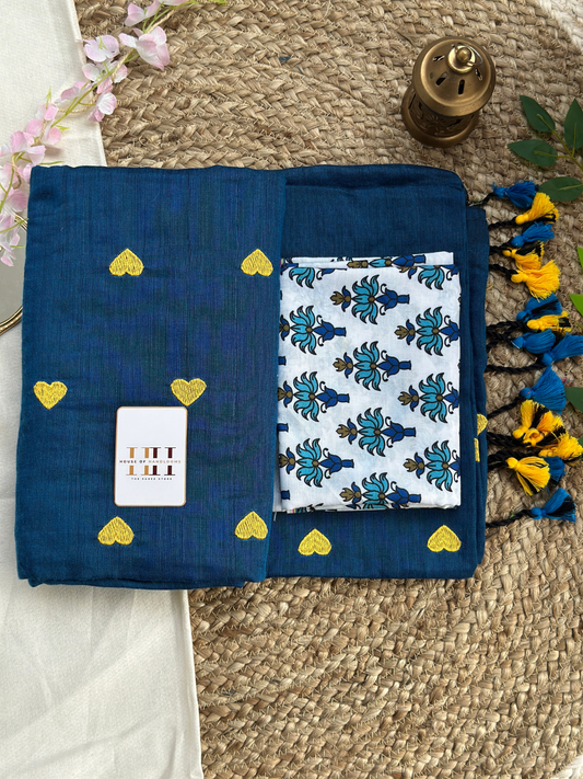 Rama blue cotton saree with white flower printed blouse