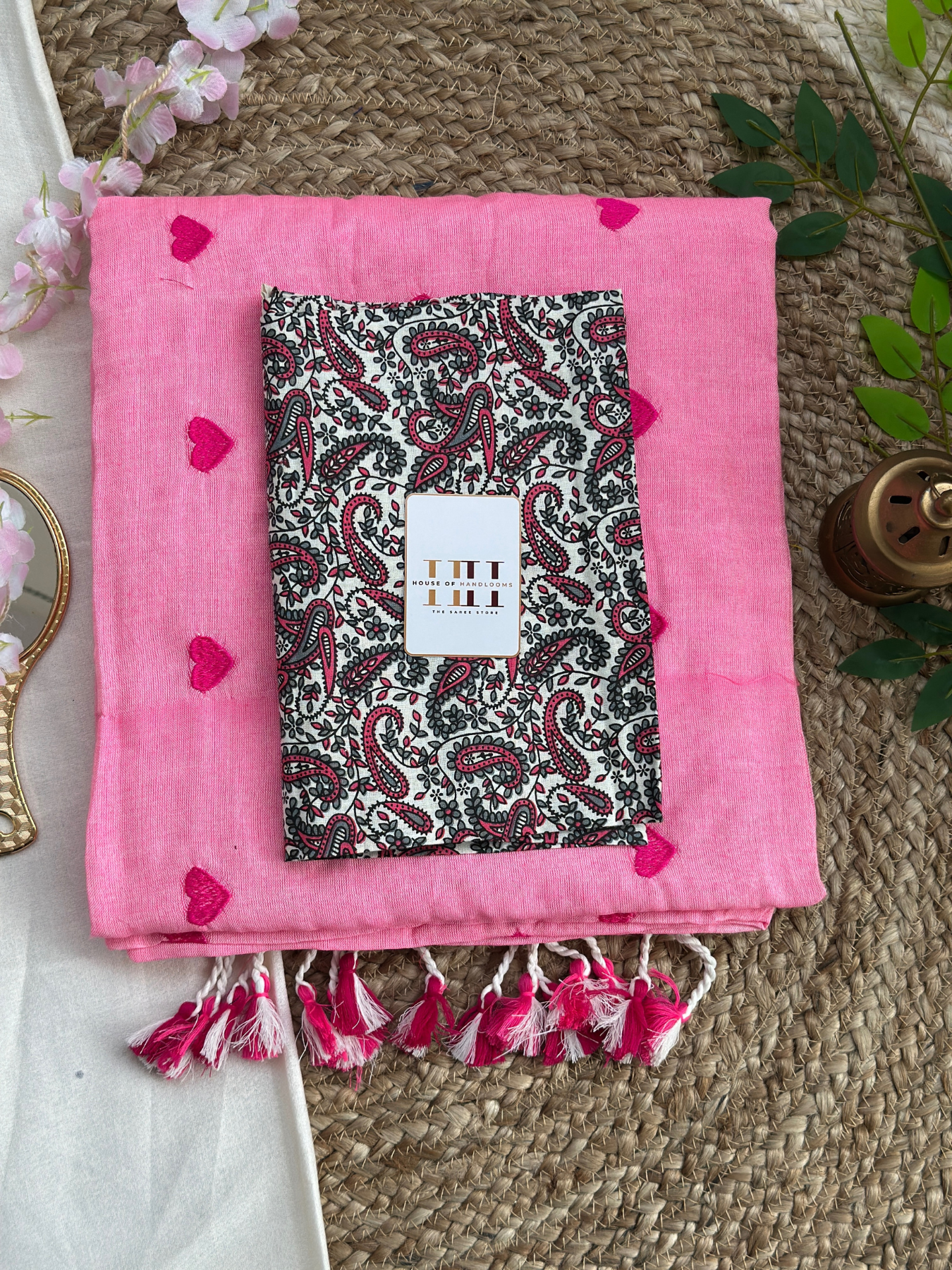 Stunning pink cotton handloom saree with kalamkari printed blouse