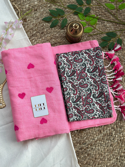 Stunning pink cotton handloom saree with kalamkari printed blouse
